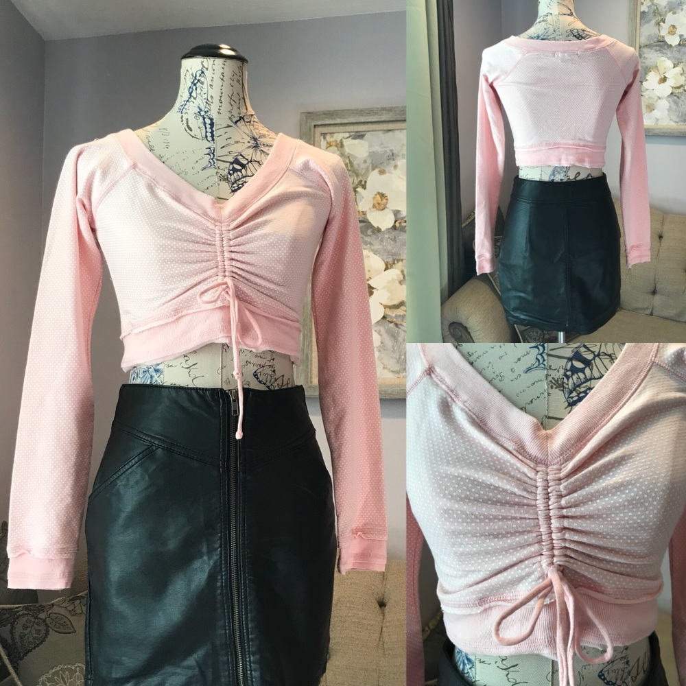 Pink long sleeve polka dot crop top